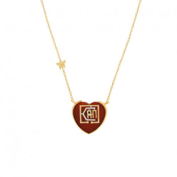 Gold chain 18k with I CAN pendant heart shape on red agate stone