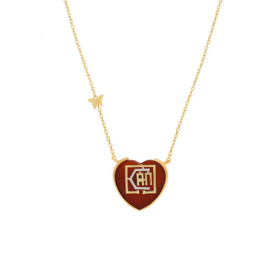 Gold chain 18k with I CAN pendant heart shape on red agate stone