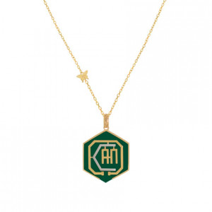 Gold chain 18k  with I CAN polygon shape pendant on green agate stone