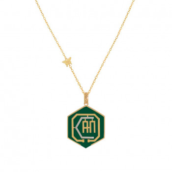 Gold chain 18k  with I CAN polygon shape pendant on green agate stone