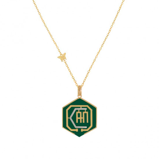 Gold chain 18k  with I CAN polygon shape pendant on green agate stone