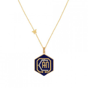 Gold chain 18k with I CAN polygon shape pendant on lapis stone