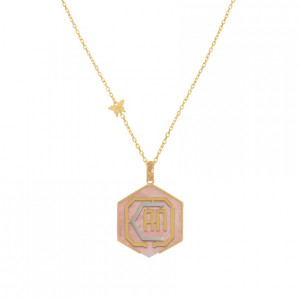 Gold chain 18k with I CAN polygon shape pendant on pink quartz stone