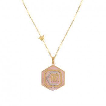 Gold chain 18k with I CAN polygon shape pendant on pink quartz stone