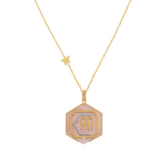 Gold chain 18k with I CAN polygon shape pendant on pink quartz stone