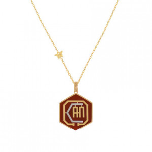 Gold chain 18k with I CAN polygon shape pendant on red agate stone