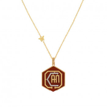 Gold chain 18k with I CAN polygon shape pendant on red agate stone