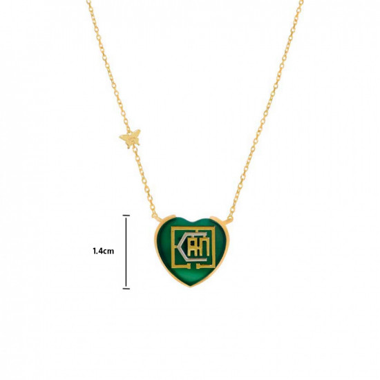 Gold chain 18k with I CAN heart shape pendant on green agate stone