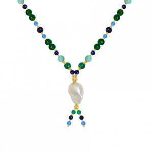 RANDOM PEARLS NECKLACE WITH lapis , MALACHITE , AMAZONITE , BLUE AND GREEN AGATE 