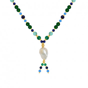 RANDOM PEARLS NECKLACE WITH lapis , MALACHITE , AMAZONITE , BLUE AND GREEN AGATE 