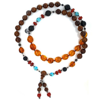 SANDALWOOD BEARISH WITH AMBER, TURQUOISE, RED AGATE, AND VOLCANIC STONE