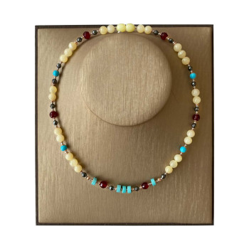 TURQUOISE NECKLACE WITH HEMATITE, RUBY, YELLOW SHELL AND AMBER 