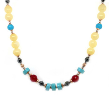 TURQUOISE NECKLACE WITH HEMATITE, RUBY, YELLOW SHELL AND AMBER 