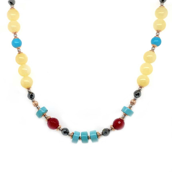 TURQUOISE NECKLACE WITH HEMATITE, RUBY, YELLOW SHELL AND AMBER TURQUOISE NECKLACE WITH HEMATITE, RUBY, YELLOW SHELL AND AMBER