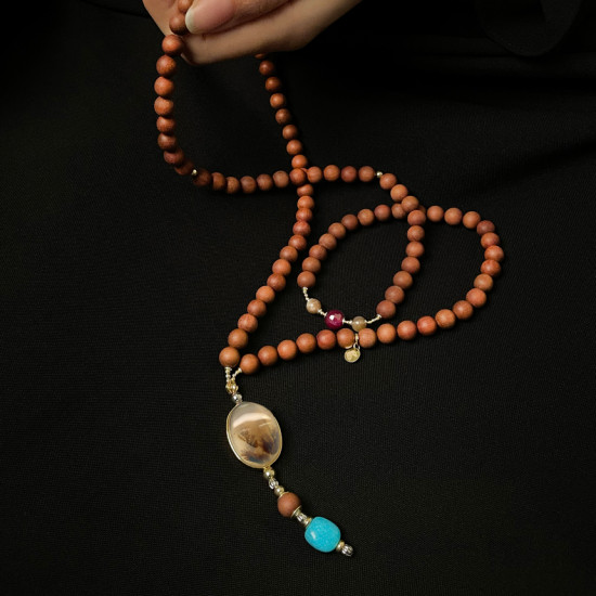Agate Bearish with Turqoise, Ruby, Multycolor Moonstone and Wood