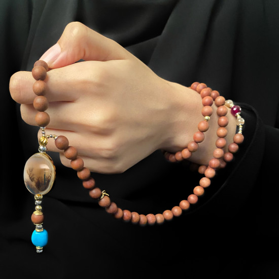 Agate Bearish with Turqoise, Ruby, Multycolor Moonstone and Wood