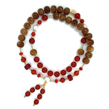 RED AGATE BEARISH WITH CORAL, PEARLS, COKE WOOD