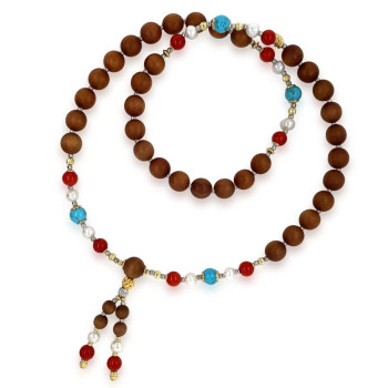 SANDALWOOD BEARISH WITH RED CORAL, TURQUOISE AND PEARLS