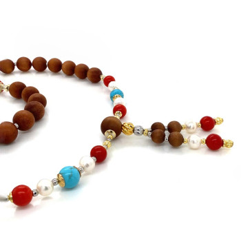 SANDALWOOD BEARISH WITH RED CORAL, TURQUOISE AND PEARLS