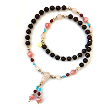 SANDALWOOD BEARISH WITH RHODOCHROSITE, TURQUOISE, PINK QUARTZ AND RUBY AGATE 