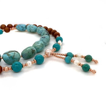 SANDALWOOD BEARISH WITH AFRICAN OPAL, TURQUOISE AND PEARLS