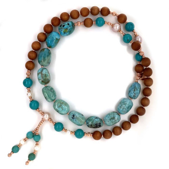 SANDALWOOD BEARISH WITH AFRICAN OPAL, TURQUOISE AND PEARLS