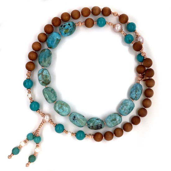 SANDALWOOD BEARISH WITH AFRICAN OPAL, TURQUOISE AND PEARLS