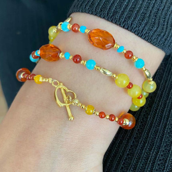 YELLOW AGATE BEARISH WITH AMBER,RED AGATE, AMAZONITE AND TURQUOISE