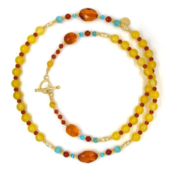 YELLOW AGATE BEARISH WITH AMBER,RED AGATE, AMAZONITE AND TURQUOISE