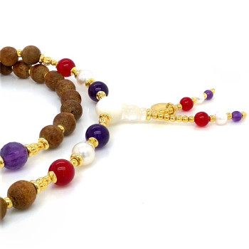 AMETHYST BEARISH WITH PEARLS, RUBY AGATE, CITRINE AND OUD WOOD