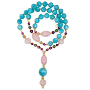 AMAZONITE TASBIH WITH PINK QUARTZ AND MULTI-COLORED TOURMALINE