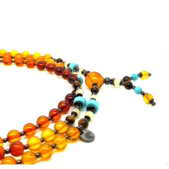 ROSARY OF AMBER, TURQUOISE, TIGER’S EYE & YELLOW HEMATITE