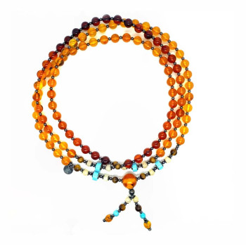ROSARY OF AMBER, TURQUOISE, TIGER’S EYE & YELLOW HEMATITE