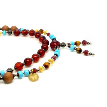 MEN’S ROSARY OF DARK AMBER, TURQUOISE, TIGER’S EYE & SANDALWOOD