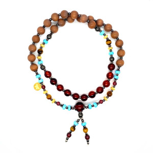 MEN’S ROSARY OF DARK AMBER, TURQUOISE, TIGER’S EYE & SANDALWOOD