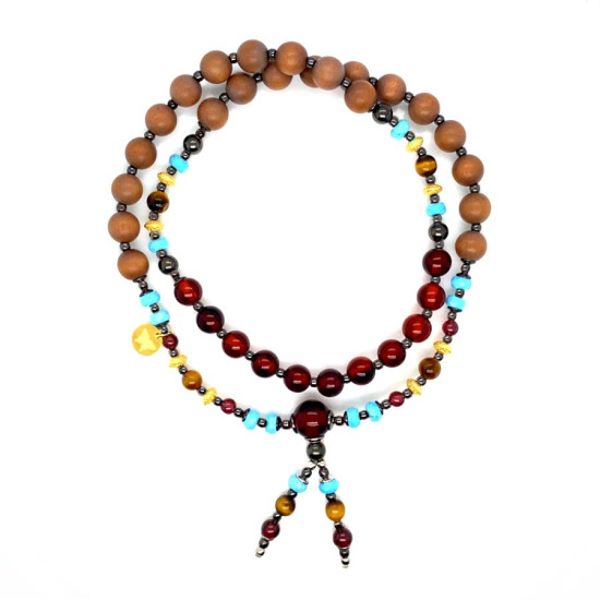 MEN’S ROSARY OF DARK AMBER, TURQUOISE, TIGER’S EYE & SANDALWOOD