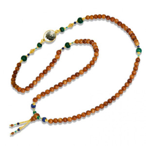 Coke wood rosary with horse seashell with malachite stone, gold threads, lapis, green agate, and turquoise stones