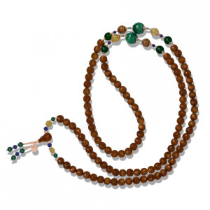 Coke wood rosary with malachite, lapis, gold threads and green agate  