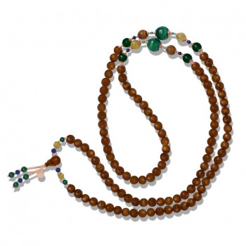 Coke wood rosary with malachite, lapis, gold threads and green agate  