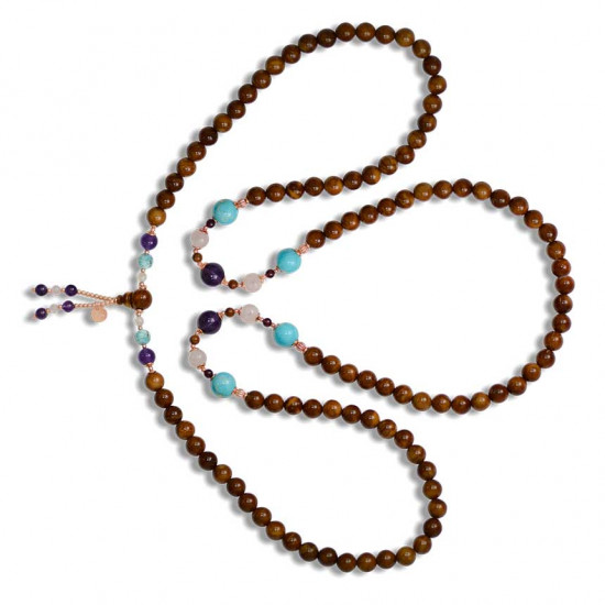Coke wood rosary with turquoise jasper, amethyst, garnet and pink quartz stone
