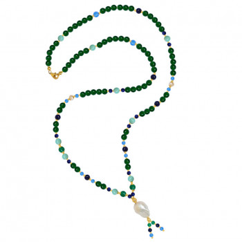 RANDOM PEARLS NECKLACE WITH lapis , MALACHITE , AMAZONITE , BLUE AND GREEN AGATE 