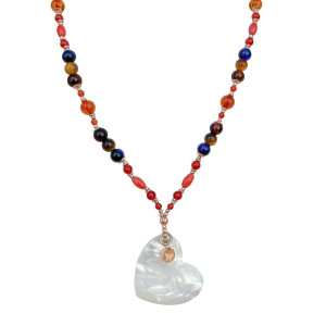 SEASHELL HEART NECKLACE WITH CORAL , RED AGATE , TIGER EYE MULTI-COLOR AND AMBER
