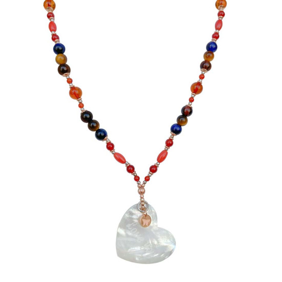 SEASHELL HEART NECKLACE WITH CORAL , RED AGATE , TIGER EYE MULTI-COLOR AND AMBER SEASHELL HEART NECKLACE WITH CORAL , RED AGATE , TIGER EYE MULTI-COLOR AND AMBER