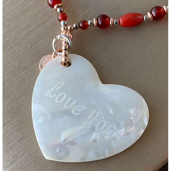 SEASHELL HEART NECKLACE WITH CORAL , RED AGATE , TIGER EYE MULTI-COLOR AND AMBER SEASHELL HEART NECKLACE WITH CORAL , RED AGATE , TIGER EYE MULTI-COLOR AND AMBER