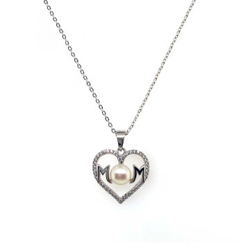 HEART-SHAPED SILVER PENDANT WITH ZIRCON, A CENTER PEARL, AND "MOM"