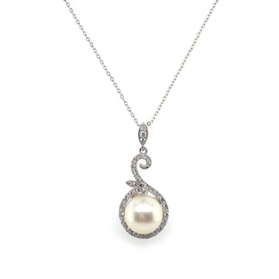 SMALL LEAF-SHAPED SILVER PENDANT WITH ZIRCON AND A LARGE PEARL