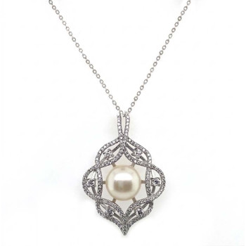 INTERLOCKING SILVER PENDANT WITH ZIRCON AND A LARGE PEARL