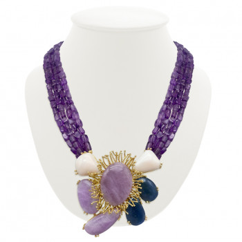 Amethyst necklace with Coral and Sapphire stones 