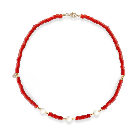 gold plated Coral necklace with 3 pice of white agate 