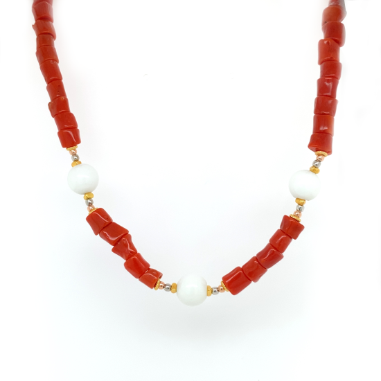 gold plated Coral necklace with 3 pice of white agate 
